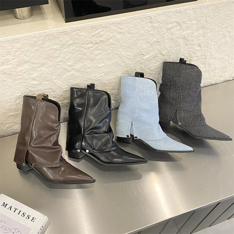 American Retro Pointed Toe Chunky Heel Boots for Women 2024 New Summer Black Fashion Versatile Western Cowboy Ankle Boots
