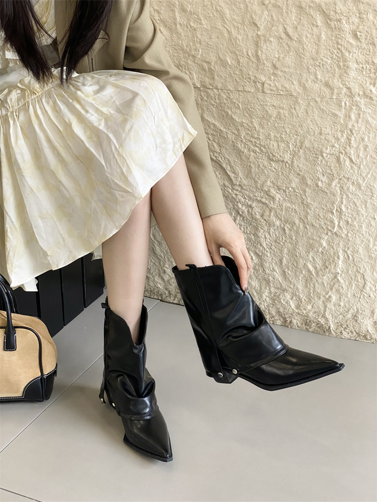 American Retro Pointed Toe Chunky Heel Boots for Women 2024 New Summer Black Fashion Versatile Western Cowboy Ankle Boots - Image 2