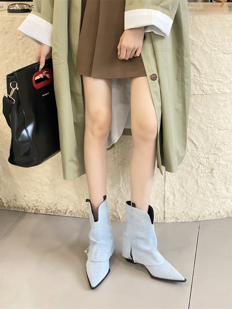 American Retro Pointed Toe Chunky Heel Boots for Women 2024 New Summer Black Fashion Versatile Western Cowboy Ankle Boots - Image 4