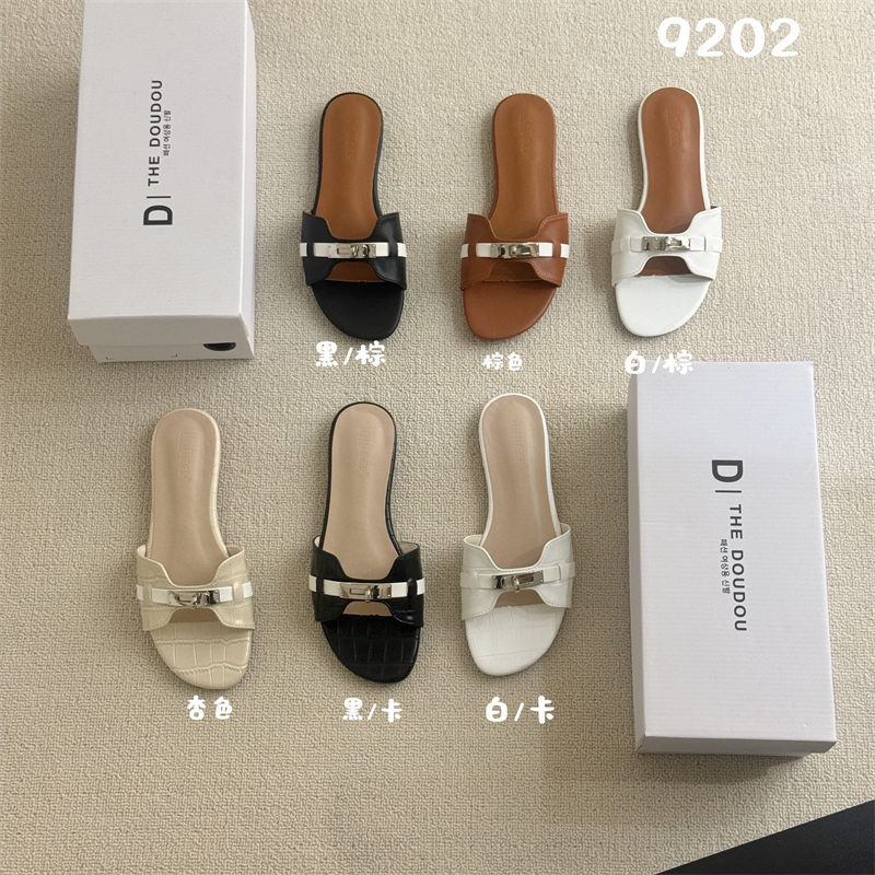 DOUDOU Korean Metal Buckle Flat Slippers Elegant Open Toe Hollow Out Women Summer Slippers