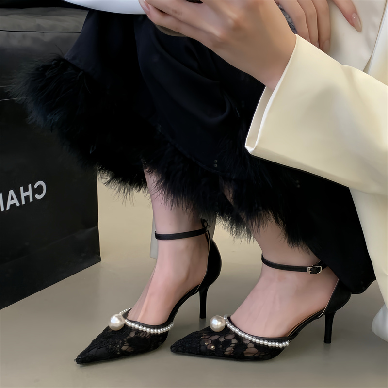 Fortune One Word Strap Open Toe Pearl High Heel Shoes 2026 Autumn Winter New Sexy Hollow Out Women - Image 3