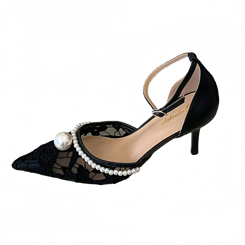 Fortune One Word Strap Open Toe Pearl High Heel Shoes 2026 Autumn Winter New Sexy Hollow Out Women - Image 5