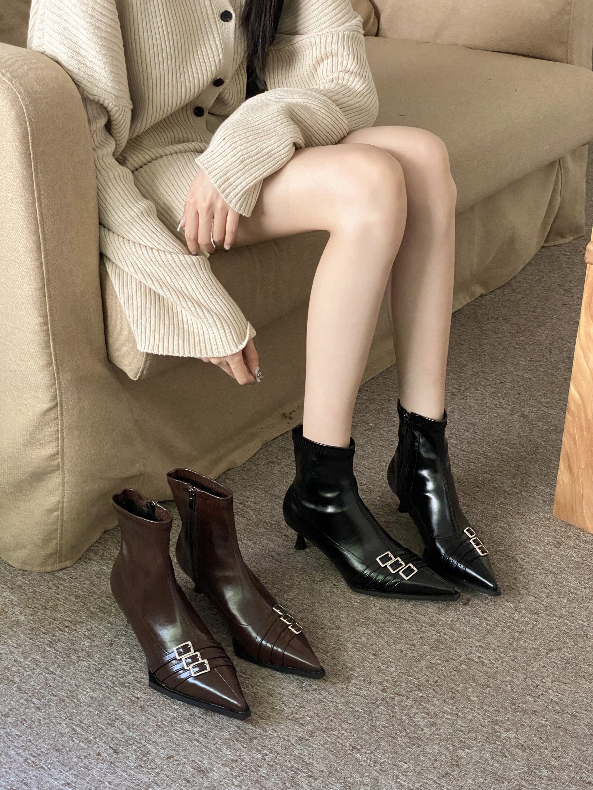 French Style Pointed Toe Rhinestone Belt Buckle Kitten Heel Ankle Boots for Women Winter Side Zipper Elegant Low Heel Boots