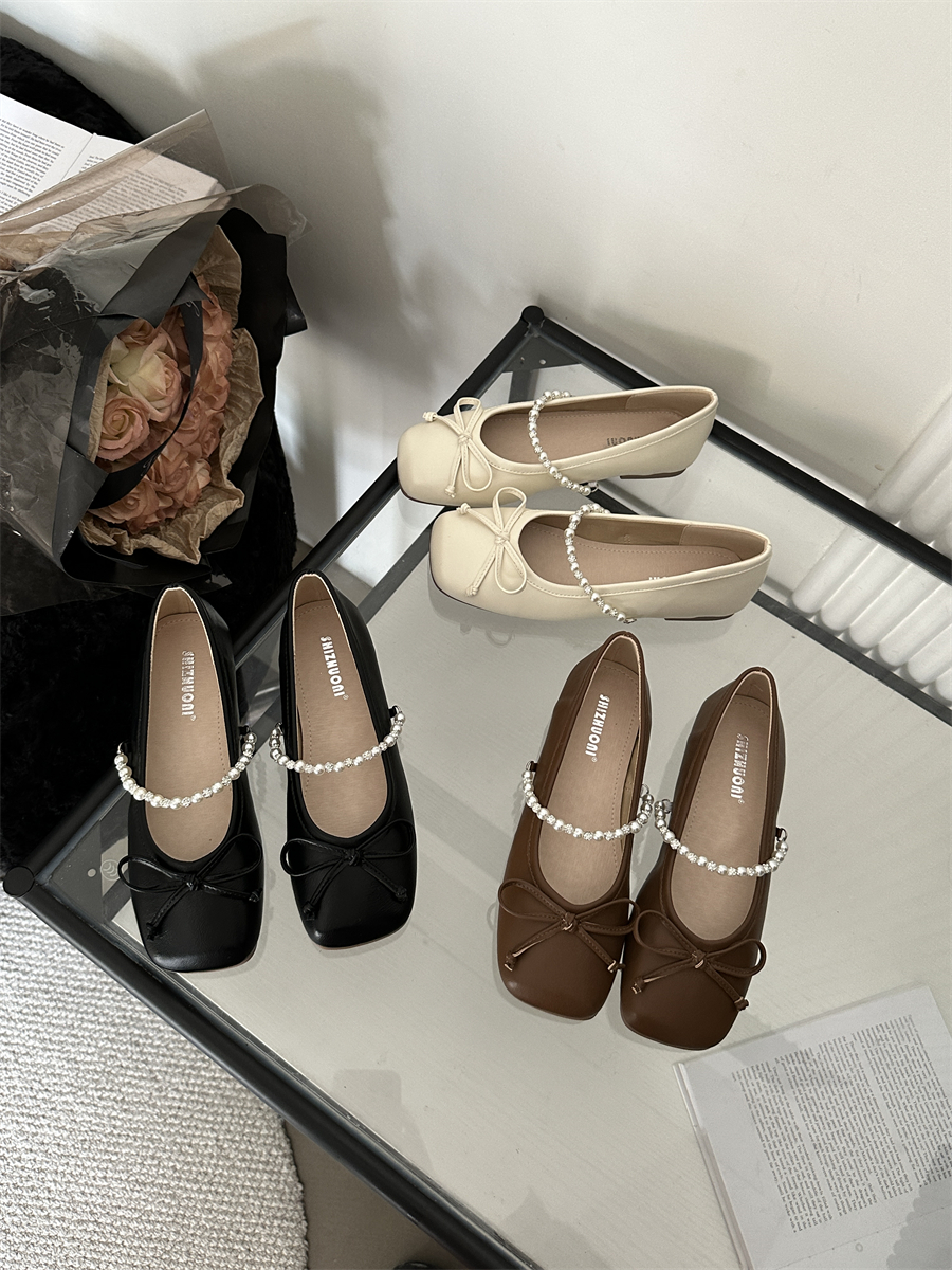 SIZHUONI Women's Ballet Mary Jane Flats 2024 Autumn Pearl Bow Square Toe Retro Grandma Shoes